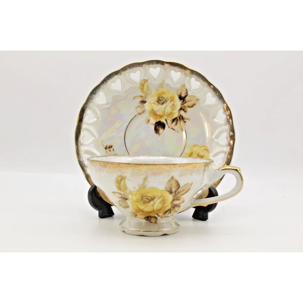Lusterware Yellow Rose Tea Cup and Saucer Set Reticulated Hearts Japan Vintage